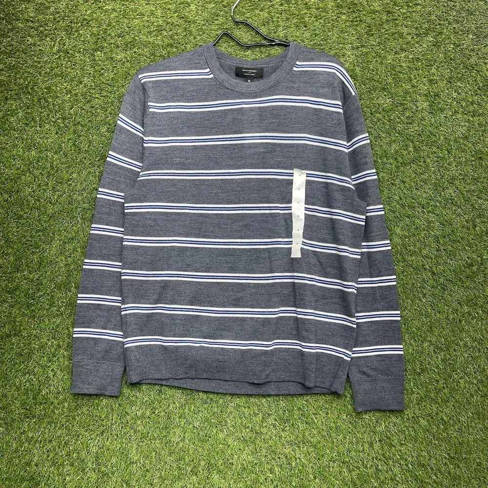 Banana Republic Merino Wool Sweater Mens Medium Gray Striped Shirt Preppy NWT